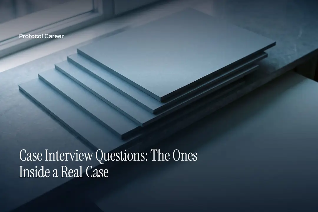 Five blank cardstock sheets arranged in an ascending step pattern on a minimalist gray desk. Title: “Case Interview Questions: The Ones Inside a Real Case”, over the Protocol Career wordmark.