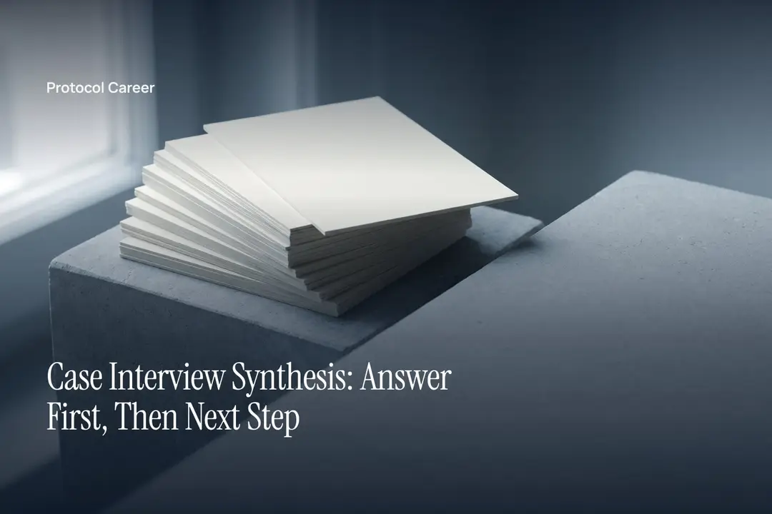 A stepped stack of blank off-white cards on a matte stone surface, with one card projecting forward. Title: “Case Interview Synthesis: Answer First, Then Next Step”, over the Protocol Career wordmark.