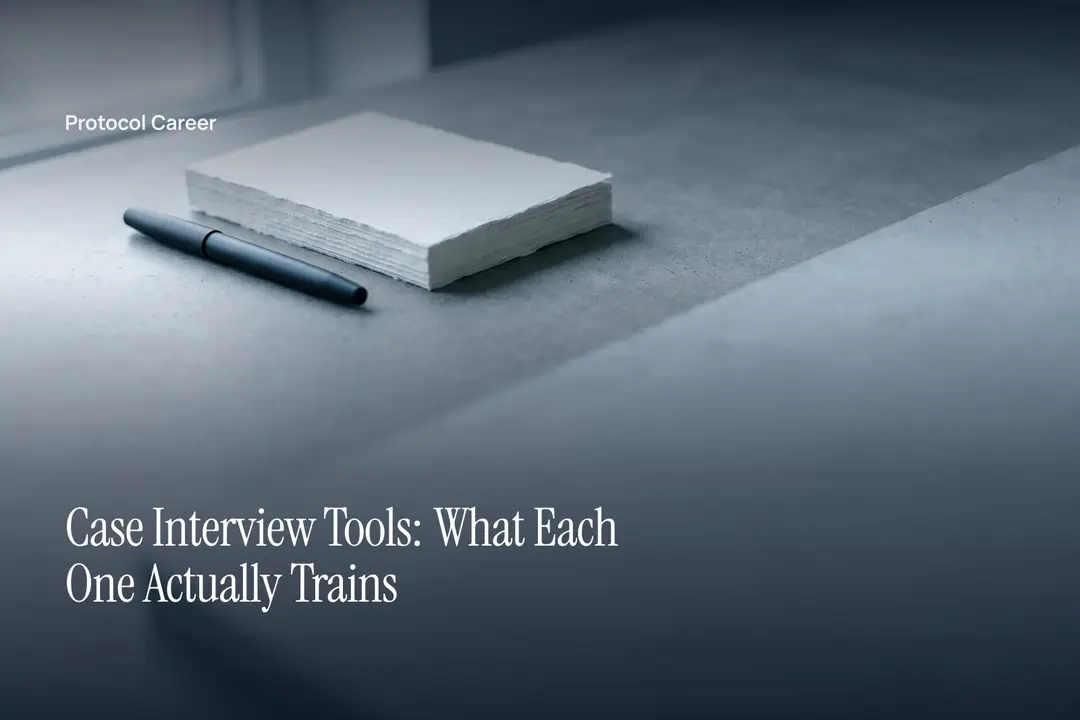 A single black pen rests beside a clean stack of blank white paper on a gray surface. Title: “Case Interview Tools: What Each One Actually Trains”, over the Protocol Career wordmark.