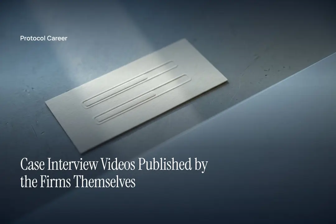 A cream cardstock strip with two embossed progress lines lies on a minimalist matte surface. Title: “Case Interview Videos Published by the Firms Themselves”, over the Protocol Career wordmark.