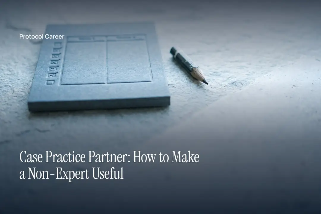 A minimalist embossed evaluation card and a graphite pencil lying on a smooth pale stone surface. Title: “Case Practice Partner: How to Make a Non-Expert Useful”, over the Protocol Career wordmark.