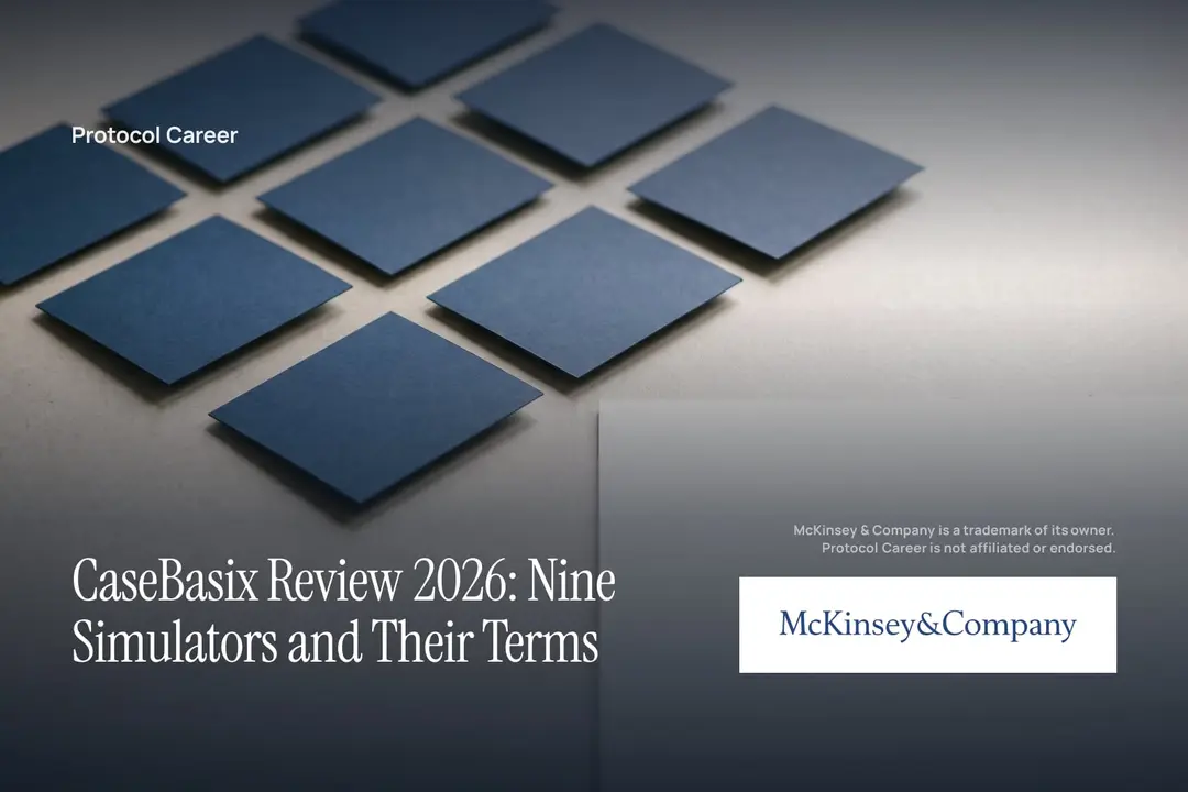 Nine unprinted dark blue cards arranged in a grid on a smooth tabletop in soft light. Title: “CaseBasix Review 2026: Nine Simulators and Their Terms”, over the Protocol Career wordmark. McKinsey & Company logo, lower right.