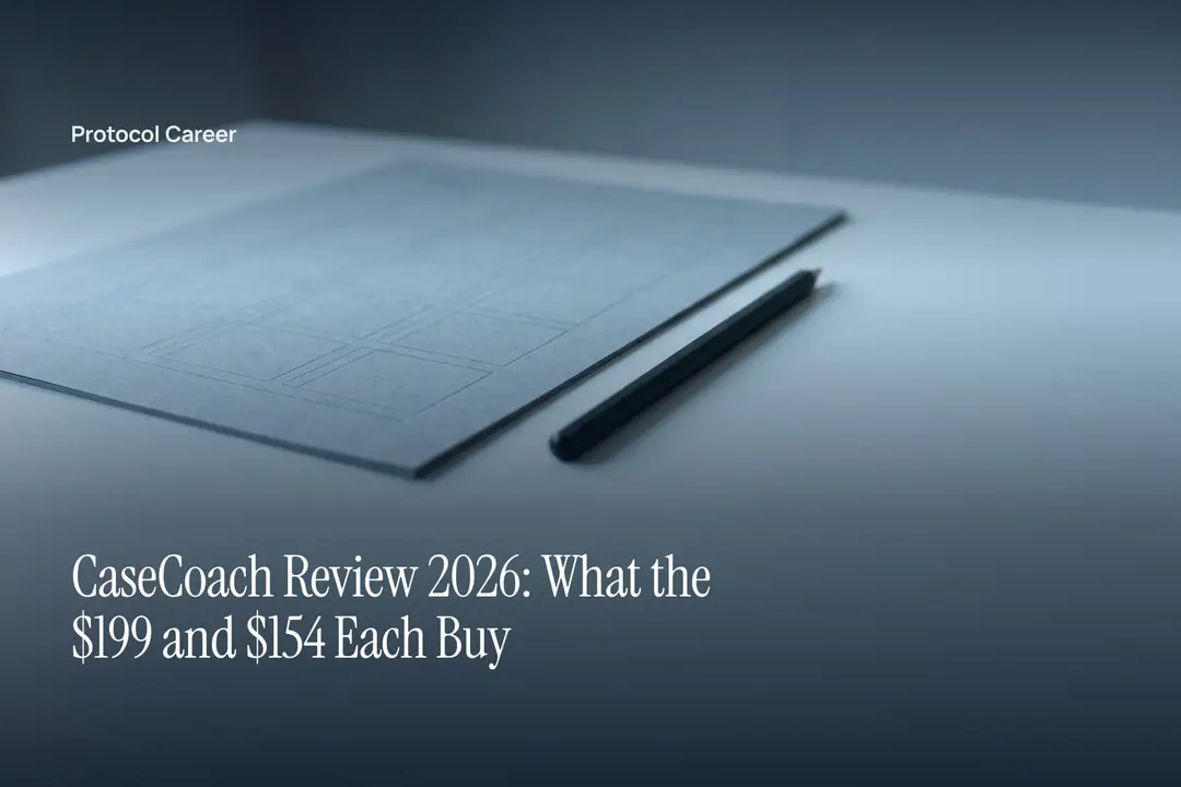 A blank grid rubric sheet and graphite stick resting on an ivory surface under soft directional light. Title: “CaseCoach Review 2026: What the $199 and $154 Each Buy”, over the Protocol Career wordmark.