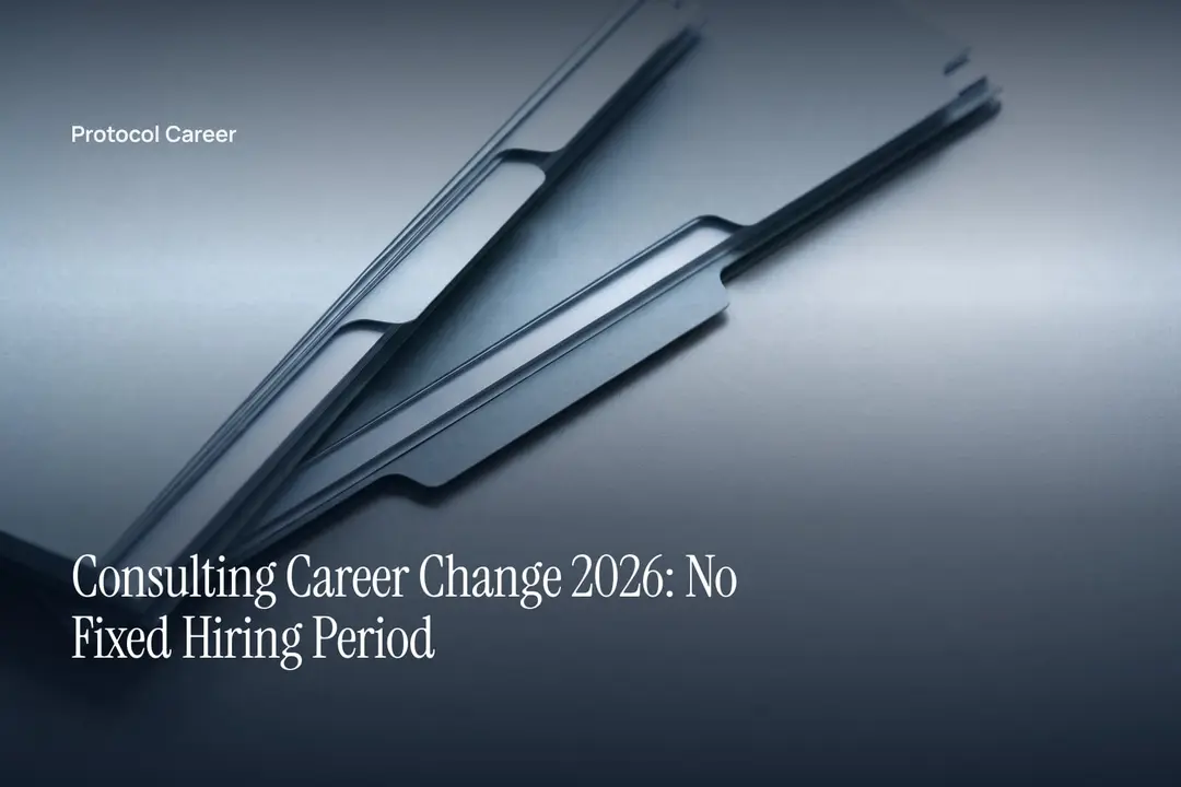 Two blank gray cardstock dossiers rest on a smooth stone surface under gentle directional light. Title: “Consulting Career Change 2026: No Fixed Hiring Period”, over the Protocol Career wordmark.