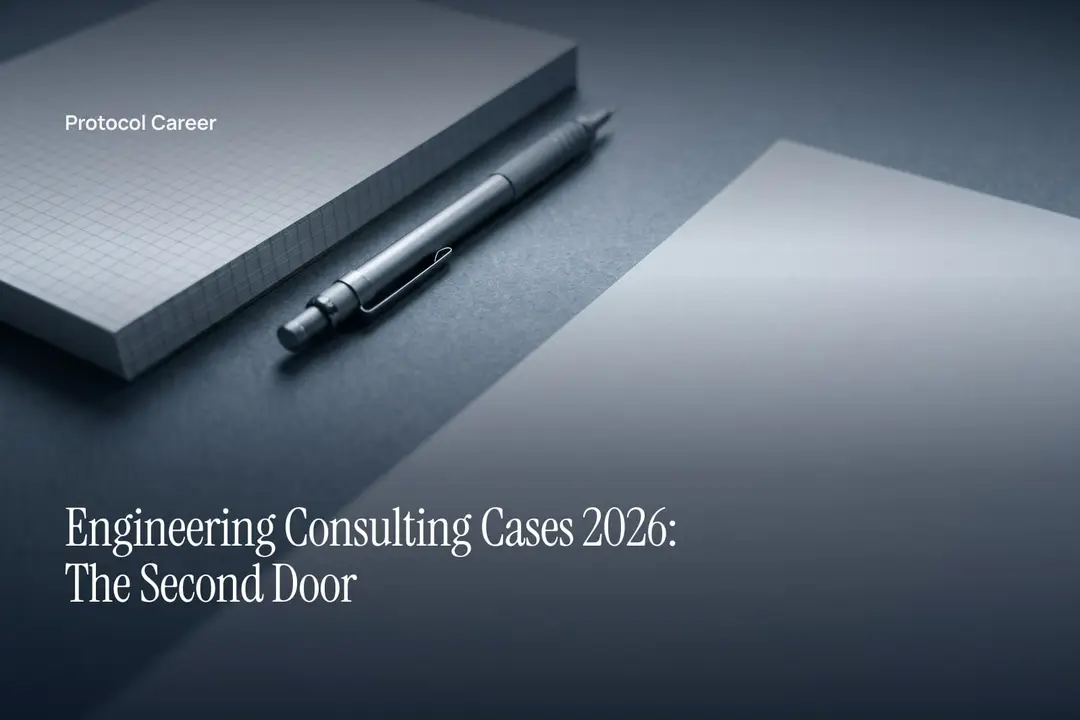 A pad of blank graph paper beside a slim metal pencil on an unadorned grey tabletop. Title: “Engineering Consulting Cases 2026: The Second Door”, over the Protocol Career wordmark.
