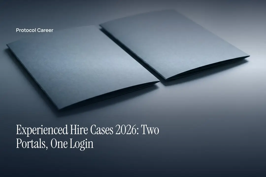 Two plain grey cardstock folders sit side by side on a smooth, empty surface under soft light. Title: “Experienced Hire Cases 2026: Two Portals, One Login”, over the Protocol Career wordmark.