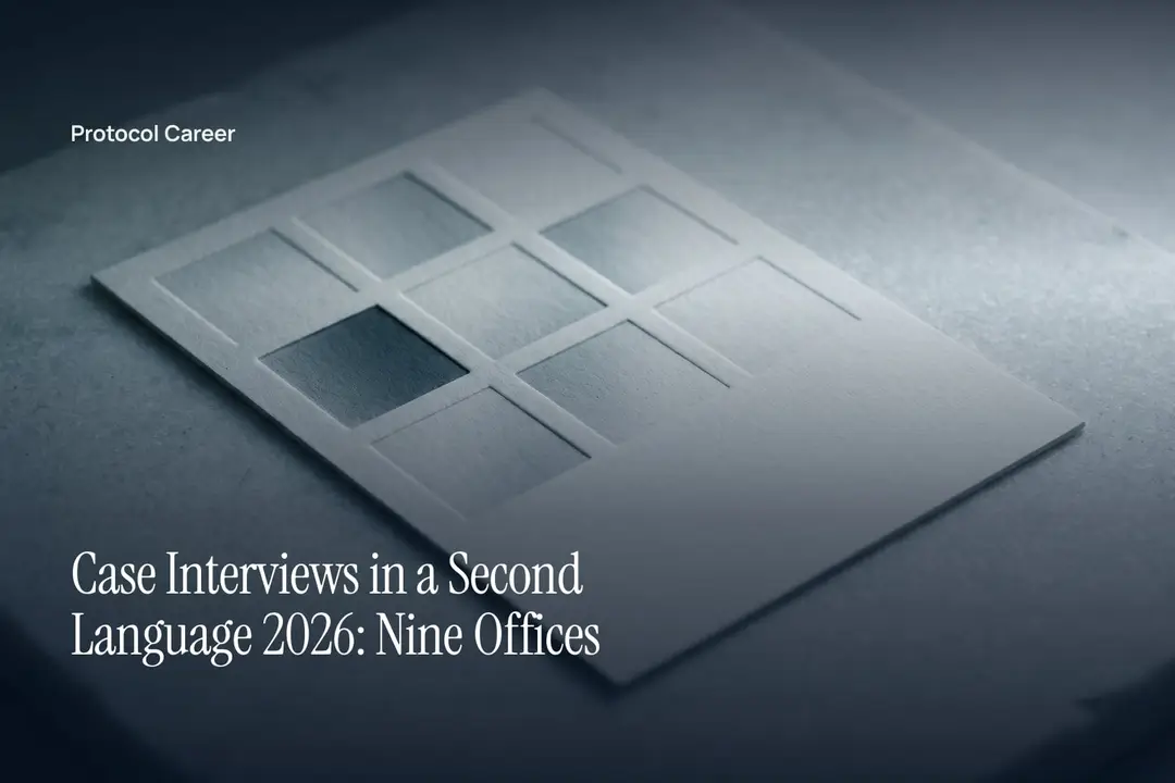 An off-white card with a three-by-three debossed grid resting on a minimal grey surface under soft light. Title: “Case Interviews in a Second Language 2026: Nine Offices”, over the Protocol Career wordmark.