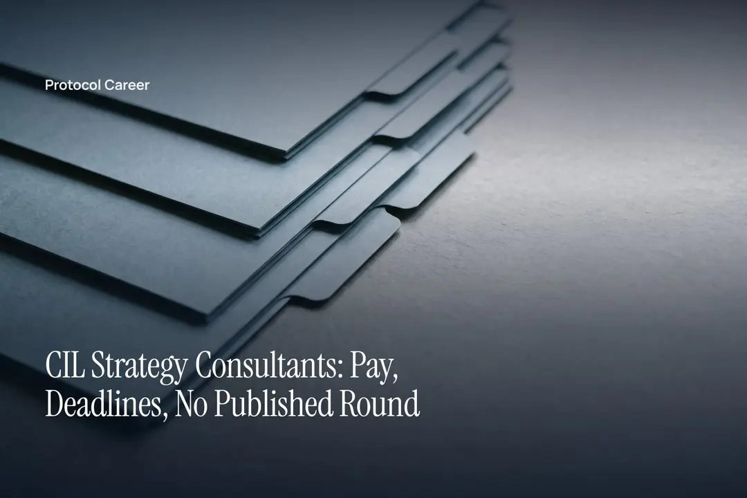 Six unmarked paper dossiers with blank tabs arranged in a stepped row on a grey surface. Title: “CIL Strategy Consultants: Pay, Deadlines, No Published Round”, over the Protocol Career wordmark.