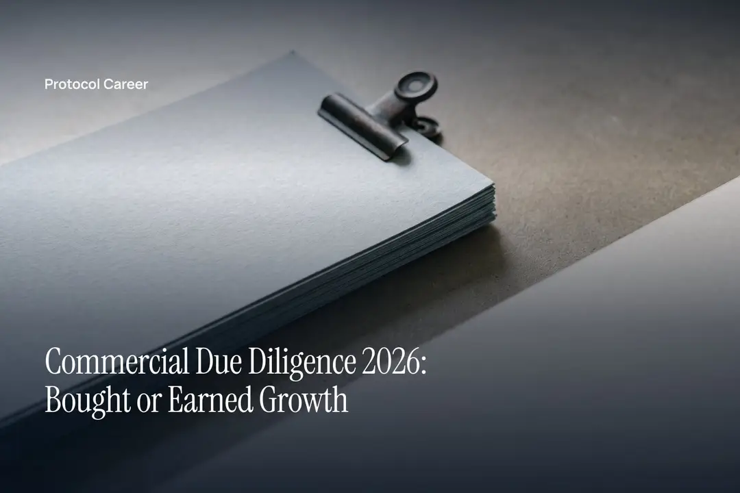 A tidy stack of blank ledger paper secured with a metal clip on a neutral matte surface. Title: “Commercial Due Diligence 2026: Bought or Earned Growth”, over the Protocol Career wordmark.