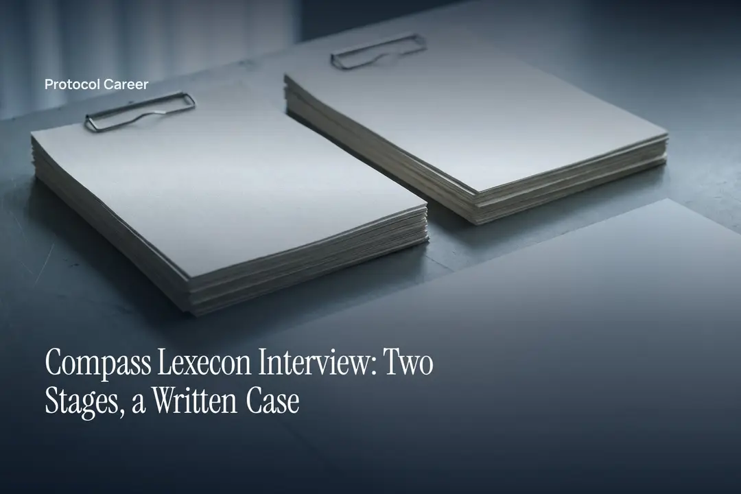 Two neat stacks of blank paper secured with clips sit on a plain grey surface under soft lighting. Title: “Compass Lexecon Interview: Two Stages, a Written Case”, over the Protocol Career wordmark.