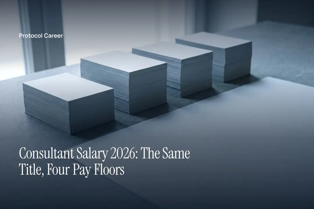 Four blank paper stacks of varying heights cast soft shadows across a smooth, empty gray surface. Title: “Consultant Salary 2026: The Same Title, Four Pay Floors”, over the Protocol Career wordmark.