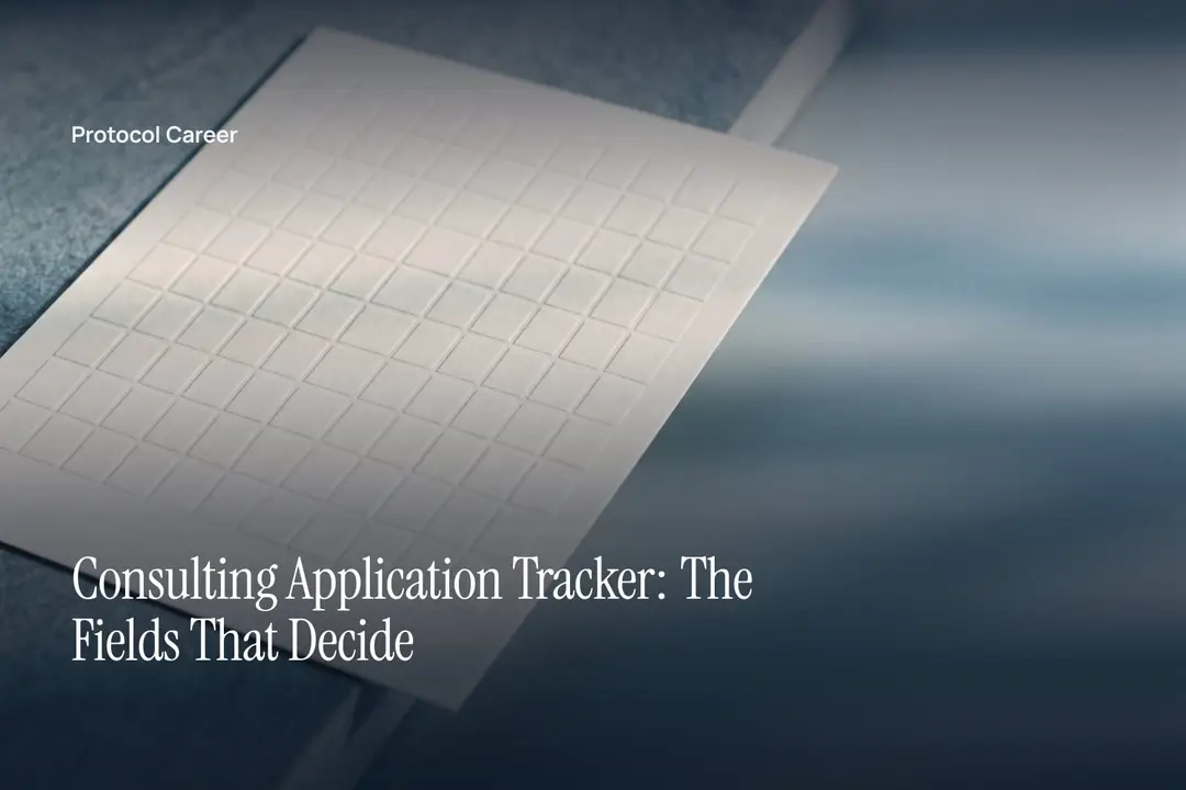 A blank, debossed eleven-column grid on heavy paper resting on a grey surface in soft light. Title: “Consulting Application Tracker: The Fields That Decide”, over the Protocol Career wordmark.
