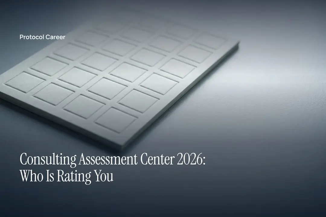 An unlabelled debossed matrix grid sheet sits on a minimalist grey surface under soft side lighting. Title: “Consulting Assessment Center 2026: Who Is Rating You”, over the Protocol Career wordmark.