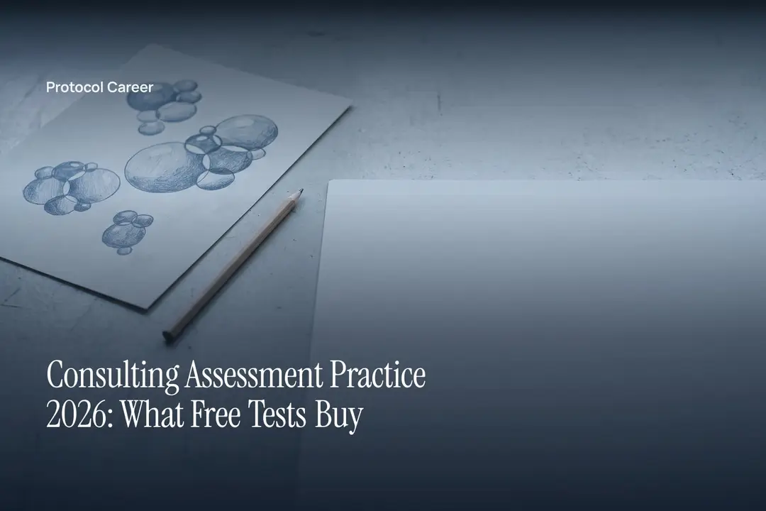 A pencil beside a paper test sheet with shaded circular bubbles on a pale stone surface. Title: “Consulting Assessment Practice 2026: What Free Tests Buy”, over the Protocol Career wordmark.