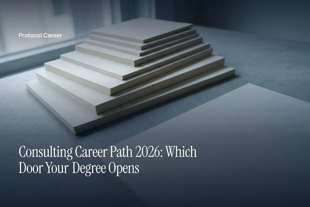 A stepped stack of blank cream cardstock resting on a plain grey surface under soft directional light. Title: “Consulting Career Path 2026: Which Door Your Degree Opens”, over the Protocol Career wordmark.