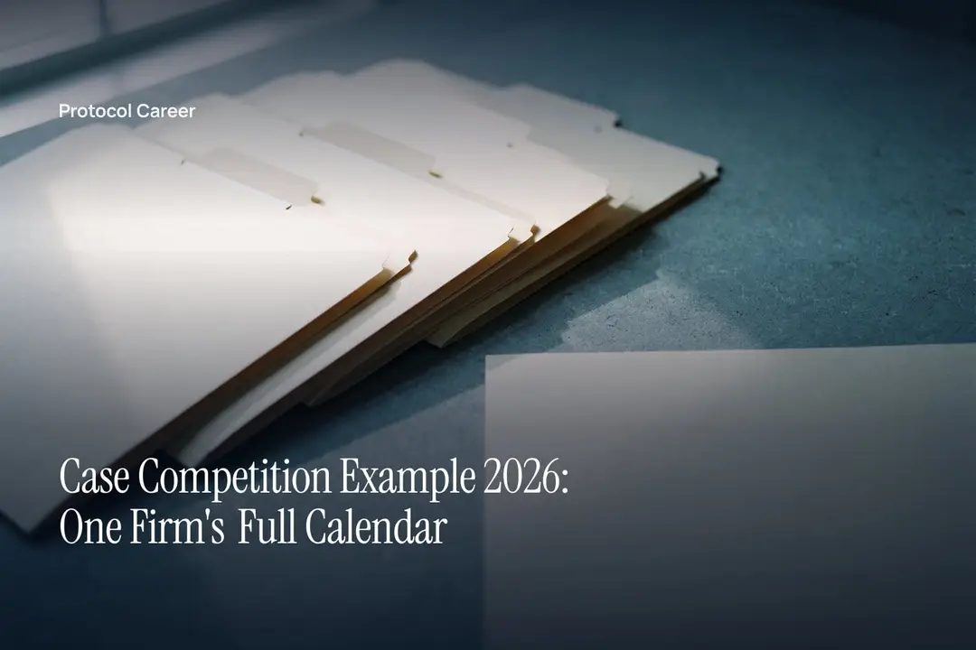 Five cream cardstock folders with blank stepped tabs lie on a smooth pale stone surface. Title: “Case Competition Example 2026: One Firm's Full Calendar”, over the Protocol Career wordmark.