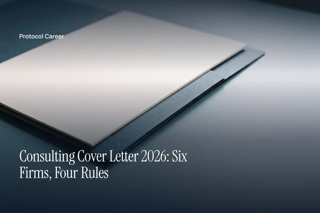 A single blank cream sheet rests on a dark slate folder against a smooth background. Title: “Consulting Cover Letter 2026: Six Firms, Four Rules”, over the Protocol Career wordmark.