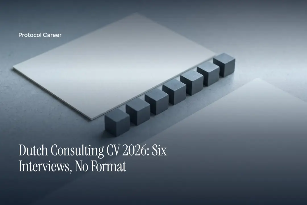 A blank cream sheet of paper beside six small graphite cubes on a minimalist stone surface. Title: “Dutch Consulting CV 2026: Six Interviews, No Format”, over the Protocol Career wordmark.