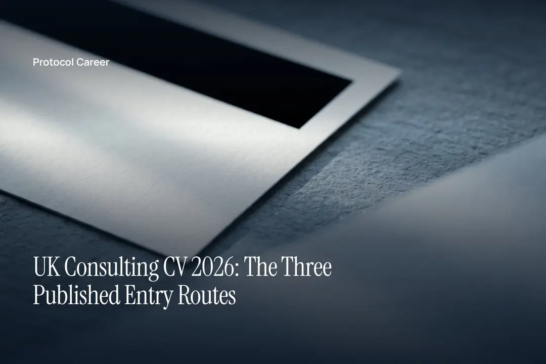 A blank cream paper sheet with a solid black redaction bar across its top on grey slate. Title: “UK Consulting CV 2026: The Three Published Entry Routes”, over the Protocol Career wordmark.