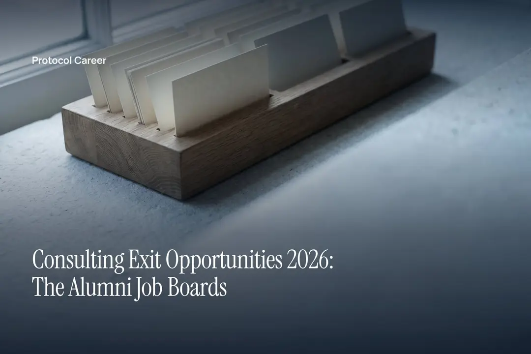 A wooden card-sorting tray holds blank cream cards on a stone surface under soft directional light. Title: “Consulting Exit Opportunities 2026: The Alumni Job Boards”, over the Protocol Career wordmark.