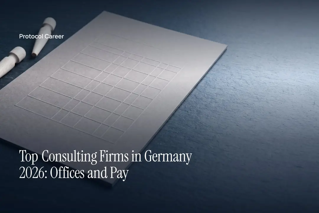 A blind-embossed paper grid on a slate surface with two small wooden pegs beside it. Title: “Top Consulting Firms in Germany 2026: Offices and Pay”, over the Protocol Career wordmark.