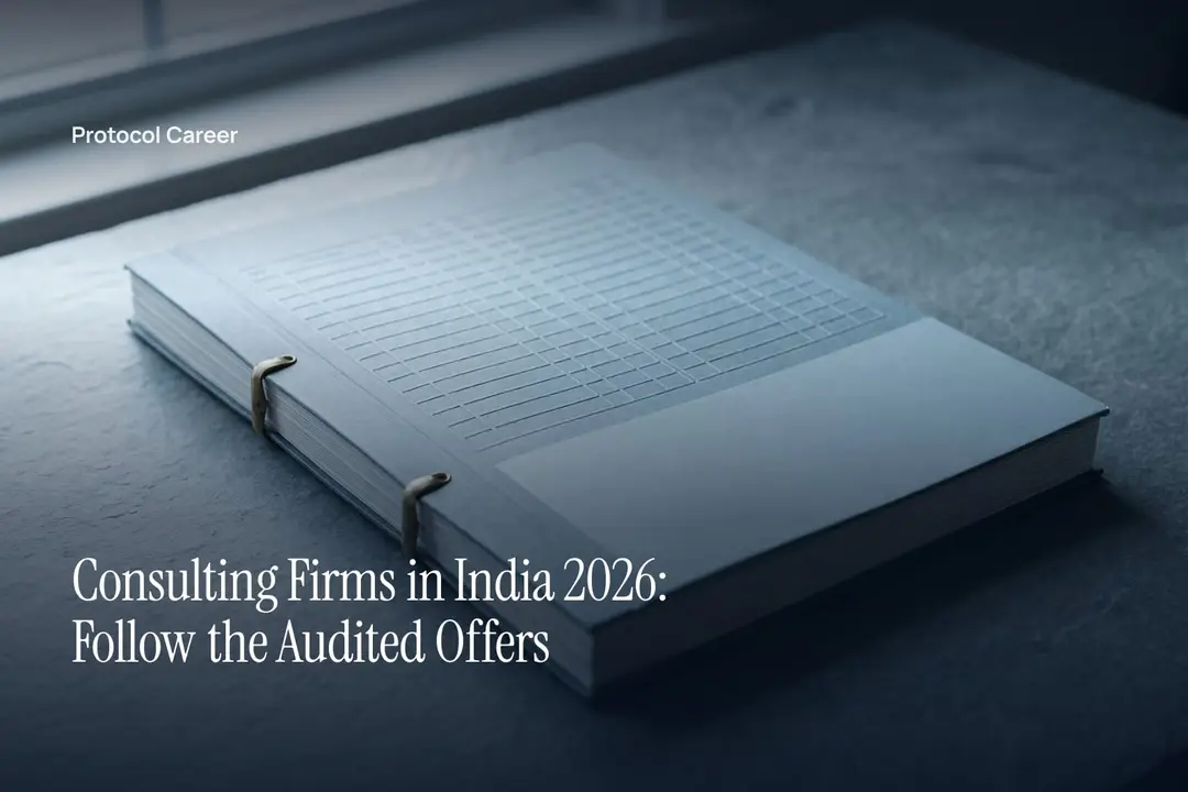 A thick, blank ledger bound with brass prongs rests on a grey slate surface in soft light. Title: “Consulting Firms in India 2026: Follow the Audited Offers”, over the Protocol Career wordmark.