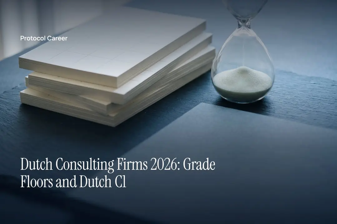 A stepped stack of blank grid cards beside a glass sand timer on a grey slate surface. Title: “Dutch Consulting Firms 2026: Grade Floors and Dutch C1”, over the Protocol Career wordmark.