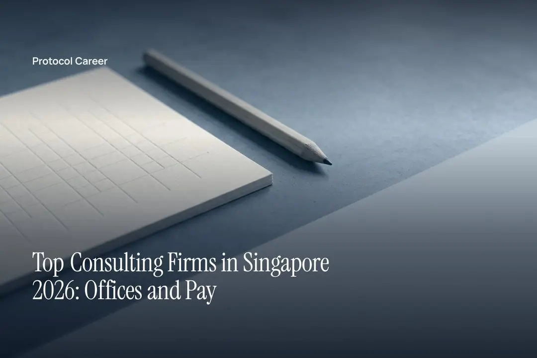 A debossed grid evaluation card and pencil laid out on a smooth, empty grey tabletop. Title: “Top Consulting Firms in Singapore 2026: Offices and Pay”, over the Protocol Career wordmark.