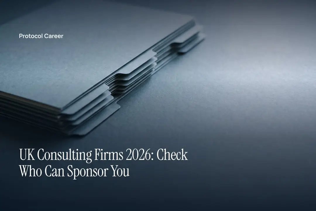 A blank cream dossier folder with ten stepped tabs lies on a neutral matte grey surface. Title: “UK Consulting Firms 2026: Check Who Can Sponsor You”, over the Protocol Career wordmark.
