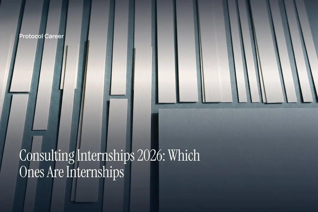 Blank off-white paper strips of different lengths arranged in neat columns on a gray slate surface. Title: “Consulting Internships 2026: Which Ones Are Internships”, over the Protocol Career wordmark.