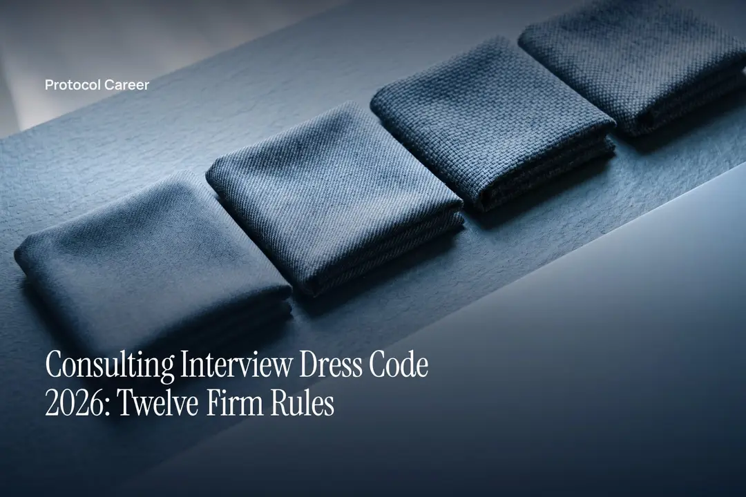 Four folded suiting fabric swatches arranged in a row on a slate surface under soft side lighting. Title: “Consulting Interview Dress Code 2026: Twelve Firm Rules”, over the Protocol Career wordmark.