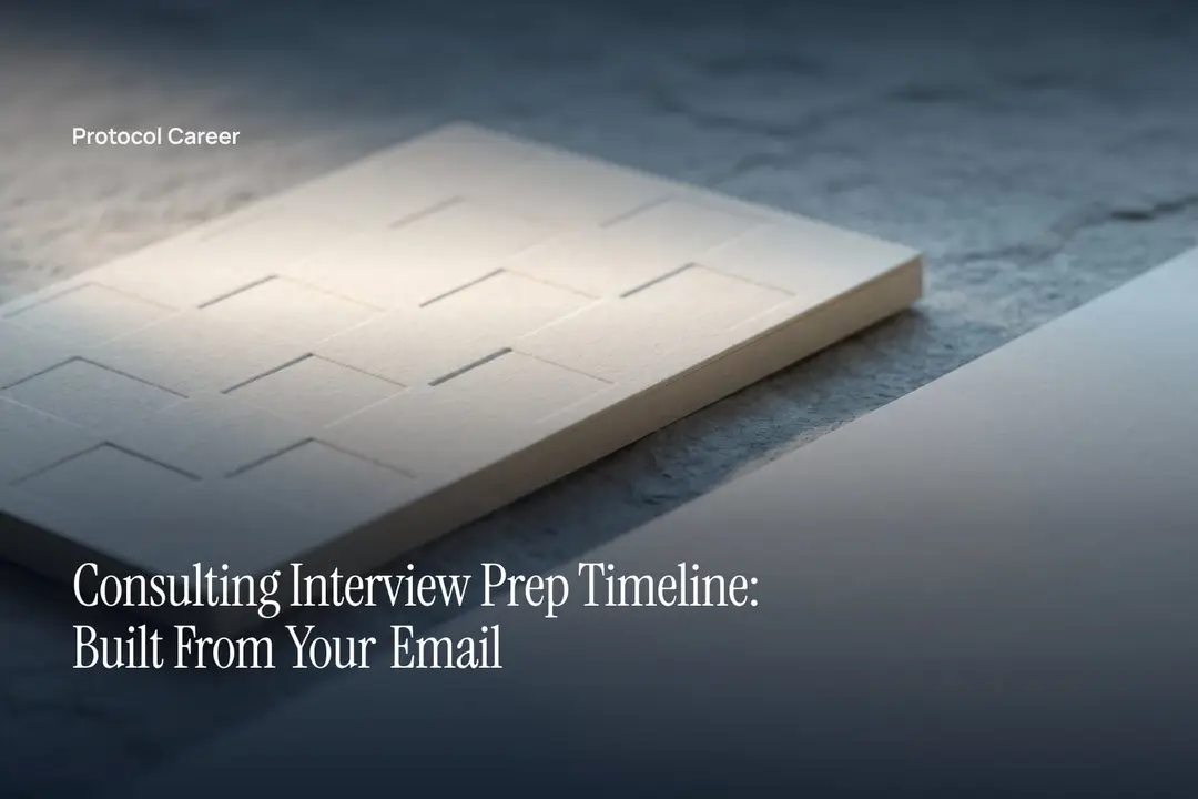 An unprinted, embossed cardstock planning grid resting on a neutral stone desk in soft directional light. Title: “Consulting Interview Prep Timeline: Built From Your Email”, over the Protocol Career wordmark.