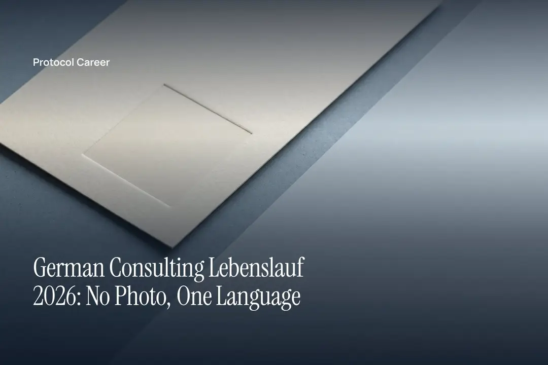 A blank cream application page featuring an empty square portrait outline on smooth limestone. Title: “German Consulting Lebenslauf 2026: No Photo, One Language”, over the Protocol Career wordmark.