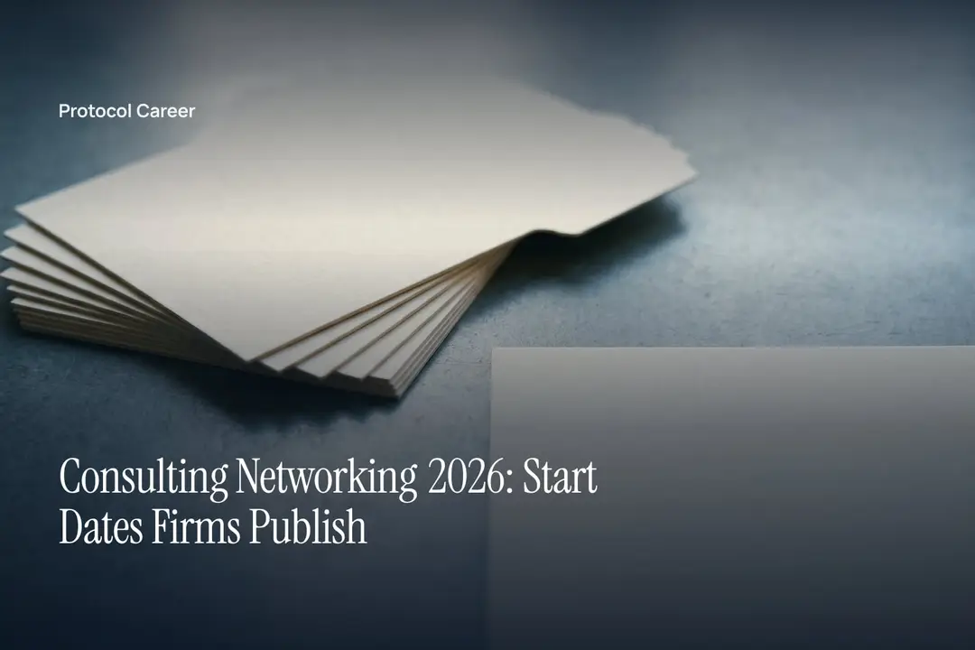 Blank cream cardstock dividers arranged across a pale stone tabletop under soft, diffused window light. Title: “Consulting Networking 2026: Start Dates Firms Publish”, over the Protocol Career wordmark.