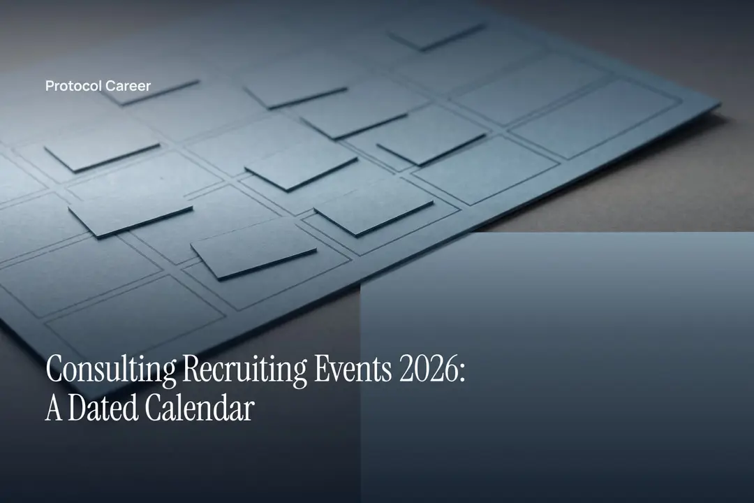 An unprinted paper schedule grid with small blank square tokens resting on a grey surface. Title: “Consulting Recruiting Events 2026: A Dated Calendar”, over the Protocol Career wordmark.
