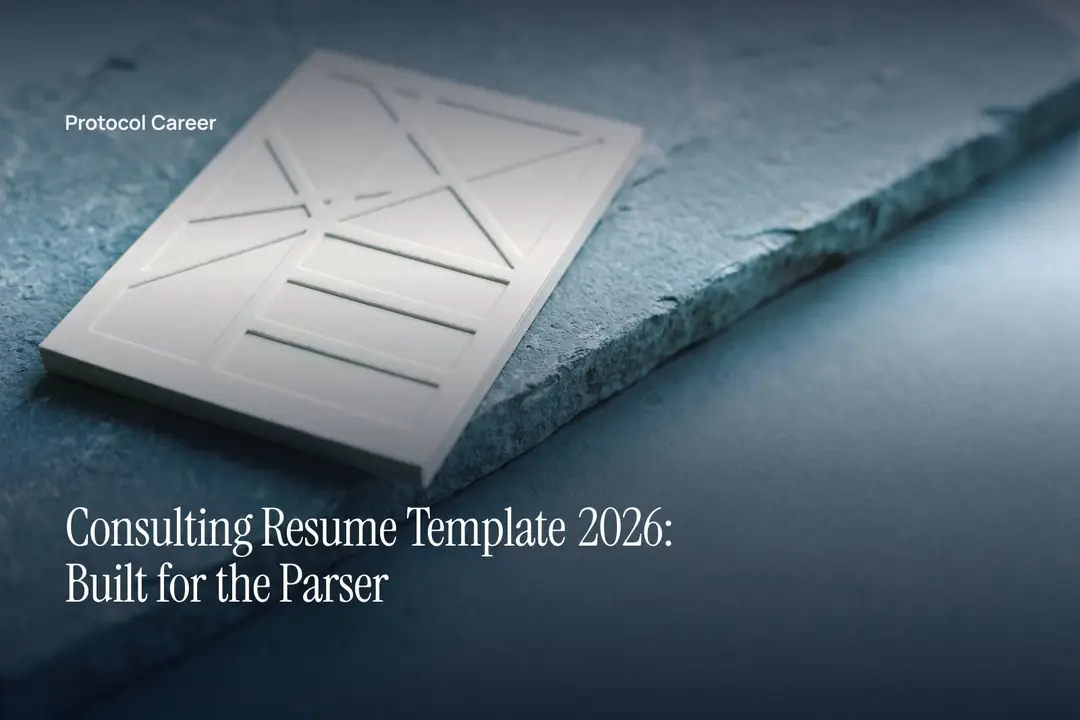 A single blank paper sheet with embossed modular grid lines resting on a grey stone surface. Title: “Consulting Resume Template 2026: Built for the Parser”, over the Protocol Career wordmark.