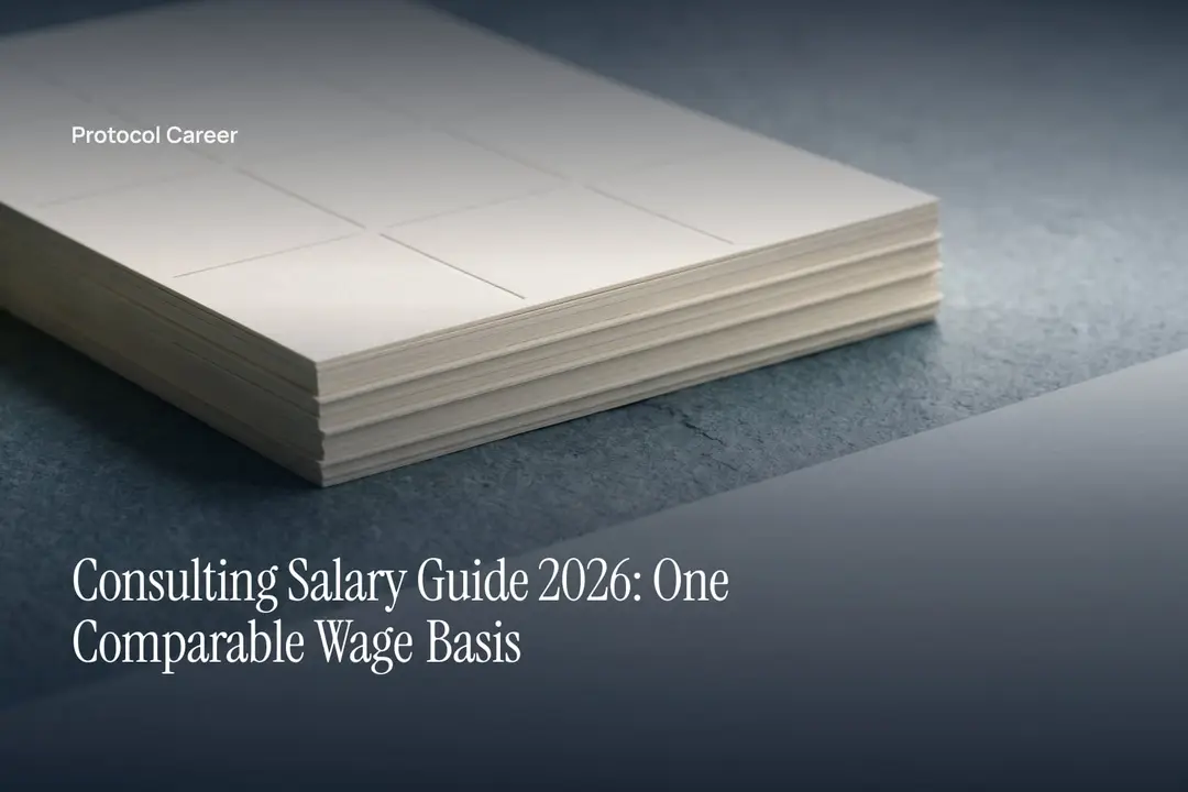 A stack of heavy cream paper debossed with clean tabular grids on a smooth stone surface. Title: “Consulting Salary Guide 2026: One Comparable Wage Basis”, over the Protocol Career wordmark.