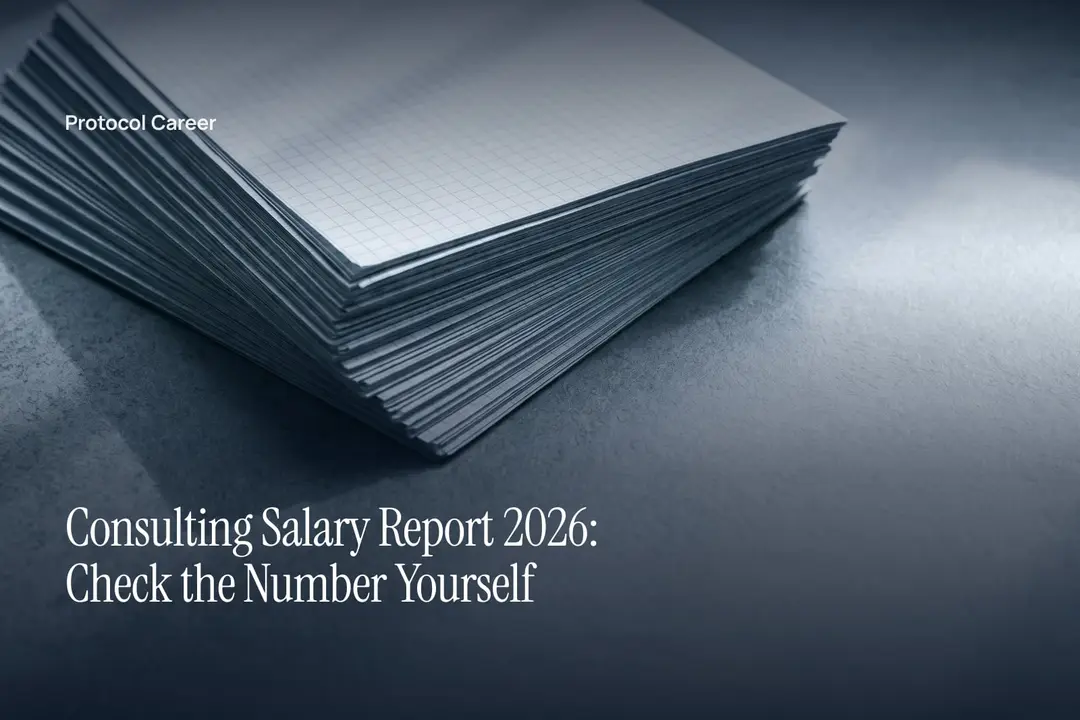 A thick stack of blank grid-patterned filing paper rests on a smooth grey surface in soft light. Title: “Consulting Salary Report 2026: Check the Number Yourself”, over the Protocol Career wordmark.