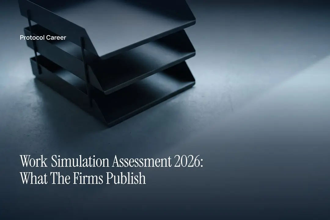 A tiered matte charcoal paper tray sits on a plain surface beside open, empty space. Title: “Work Simulation Assessment 2026: What The Firms Publish”, over the Protocol Career wordmark.