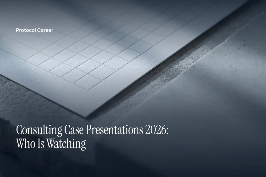 A blank, debossed paper evaluation grid sits on a smooth limestone tabletop under soft directional light. Title: “Consulting Case Presentations 2026: Who Is Watching”, over the Protocol Career wordmark.