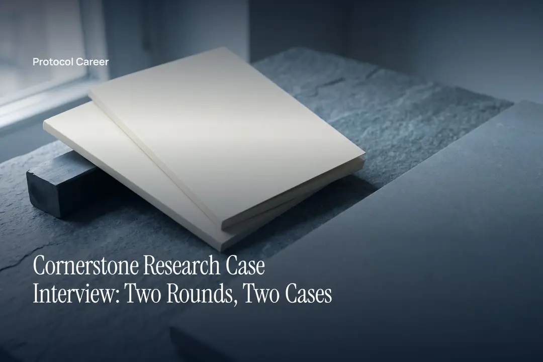 Two plain cream folios resting on a slate-gray stone surface in soft directional light. Title: “Cornerstone Research Case Interview: Two Rounds, Two Cases”, over the Protocol Career wordmark.