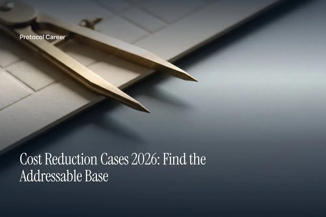 A brass proportional divider lying on heavy cream paper debossed with a blank grid on grey tabletop. Title: “Cost Reduction Cases 2026: Find the Addressable Base”, over the Protocol Career wordmark.