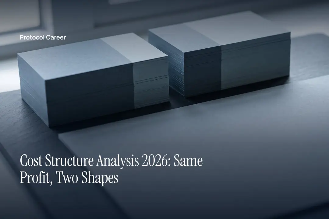 Two paper stacks of identical height show different internal proportions resting on a plain slate surface. Title: “Cost Structure Analysis 2026: Same Profit, Two Shapes”, over the Protocol Career wordmark.