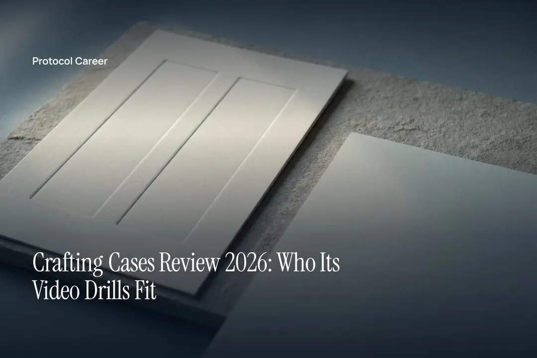 A blank cream-colored worksheet with two debossed columns lies on a smooth neutral stone surface. Title: “Crafting Cases Review 2026: Who Its Video Drills Fit”, over the Protocol Career wordmark.