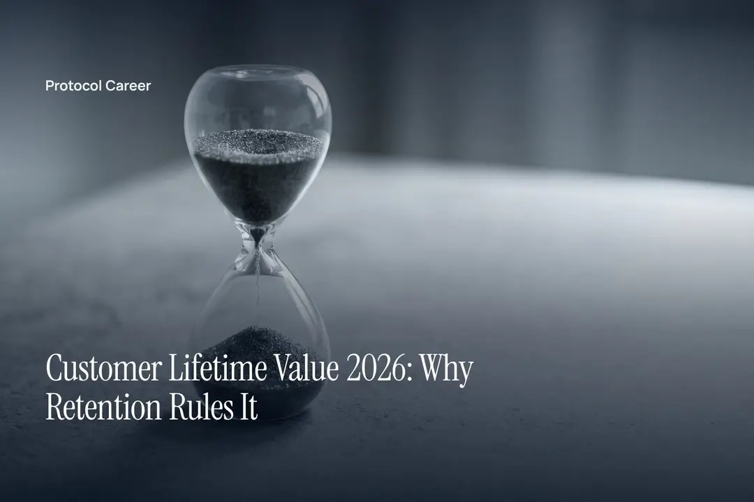 A clear glass sand timer with dark sand rests on a neutral stone surface in soft light. Title: “Customer Lifetime Value 2026: Why Retention Rules It”, over the Protocol Career wordmark.