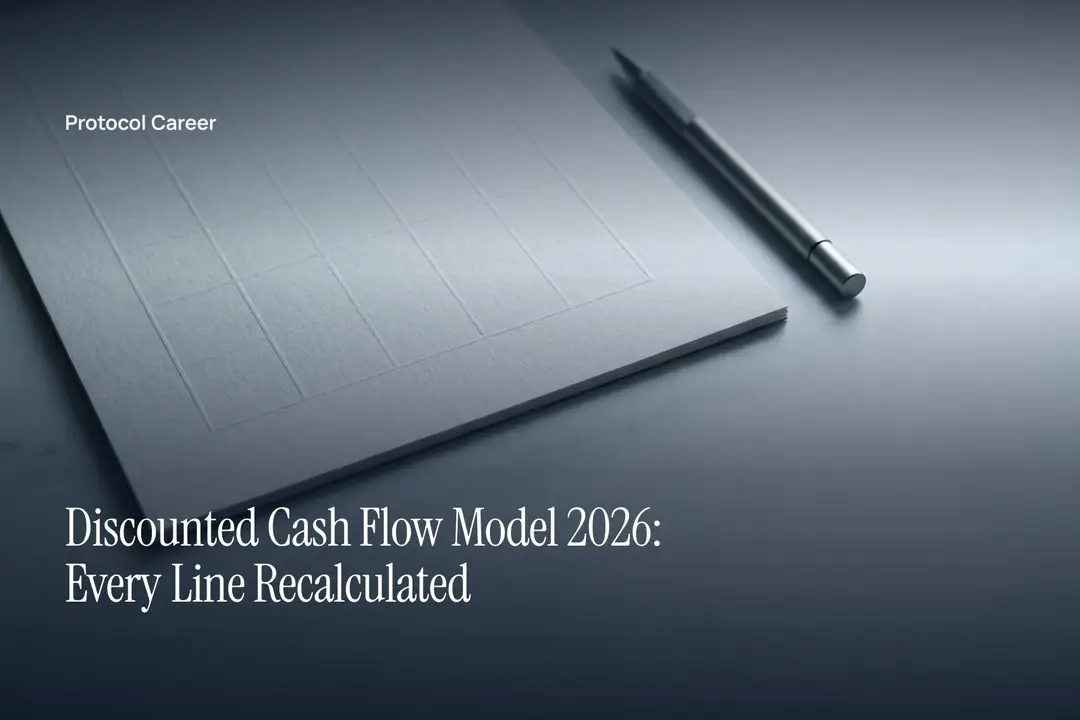 An unprinted embossed paper grid and a metal stylus on a matte grey slate surface. Title: “Discounted Cash Flow Model 2026: Every Line Recalculated”, over the Protocol Career wordmark.