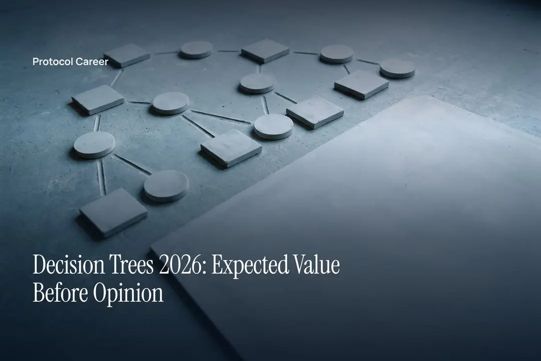 Minimalist white square and circular tokens linked in a branching formation on a plain grey surface. Title: “Decision Trees 2026: Expected Value Before Opinion”, over the Protocol Career wordmark.