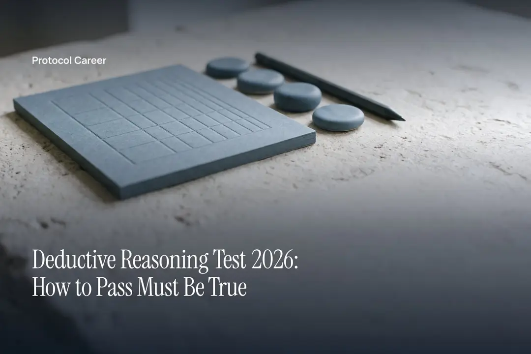 A blank debossed grid sheet beside three matte ceramic tokens and a stylus on pale stone. Title: “Deductive Reasoning Test 2026: How to Pass Must Be True”, over the Protocol Career wordmark.