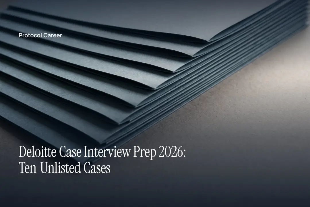 A neat, stepped stack of ten blank grey paper folders resting on a plain, softly lit surface. Title: “Deloitte Case Interview Prep 2026: Ten Unlisted Cases”, over the Protocol Career wordmark.