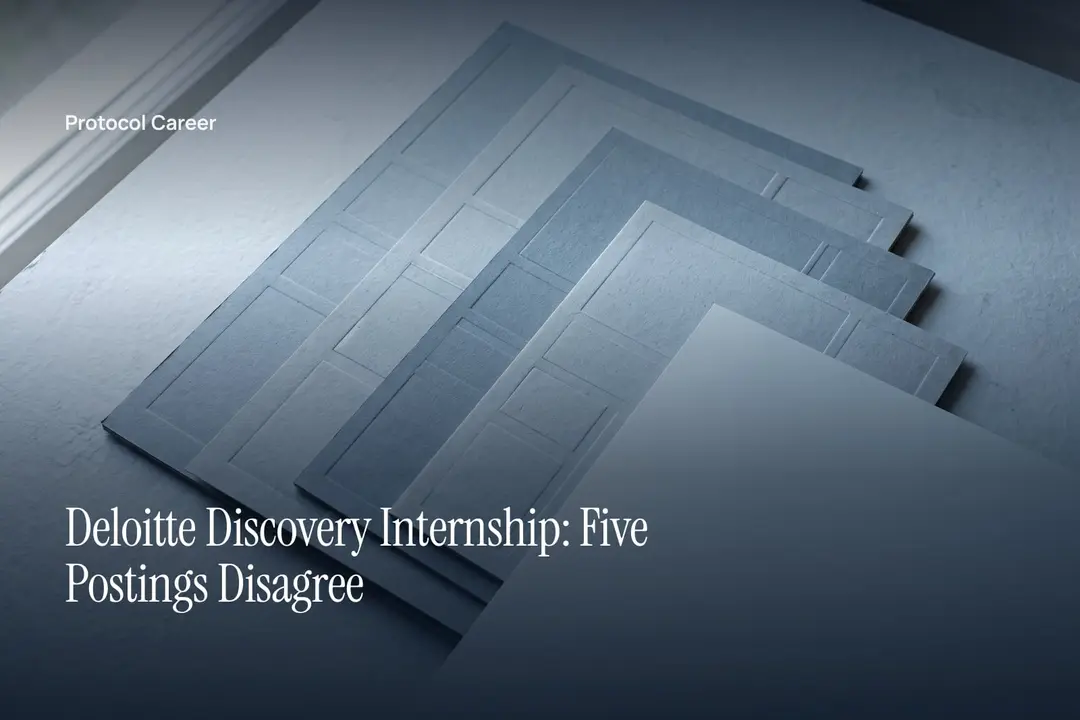 Five overlapping blank paper documents of differing lengths lie on a smooth slate surface with soft shadows. Title: “Deloitte Discovery Internship: Five Postings Disagree”, over the Protocol Career wordmark.